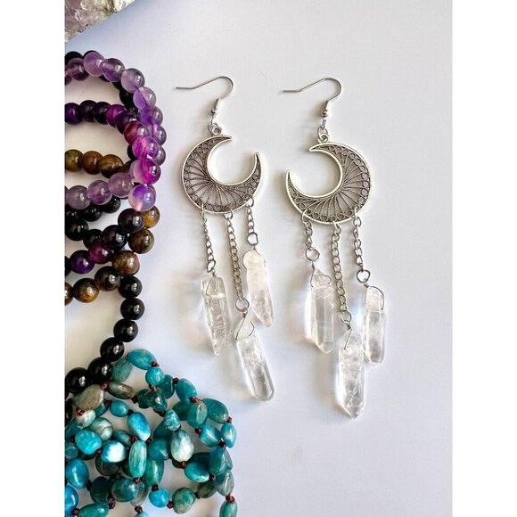 Celestial! Triple Clear Quartz Moon Chandelier Earrings! - Picture 1 of 8